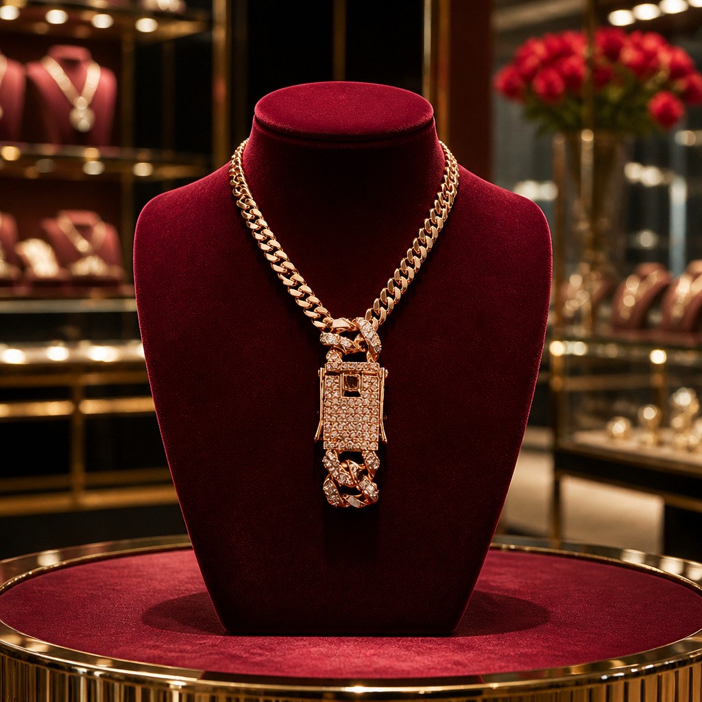 Rose Gold Cuban Link Chain Necklace Pink Crystal Pavé Pre-owned