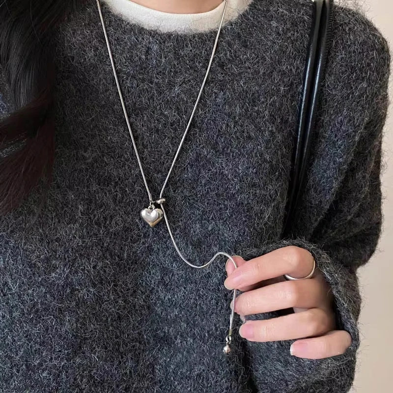 Stainless Steel Heart Pendant Necklace Women Adjustable Long Chain Jewelry Gift