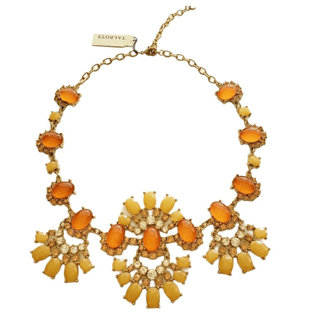 Talbots Moonstone Cabochon Necklace Lemon Orange Rhinestone Gold Setting Retired