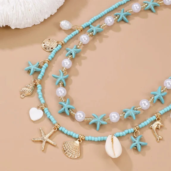 Bohemia Double Layer Shell Conch Pendant Necklace for Women Handmade Imitation P