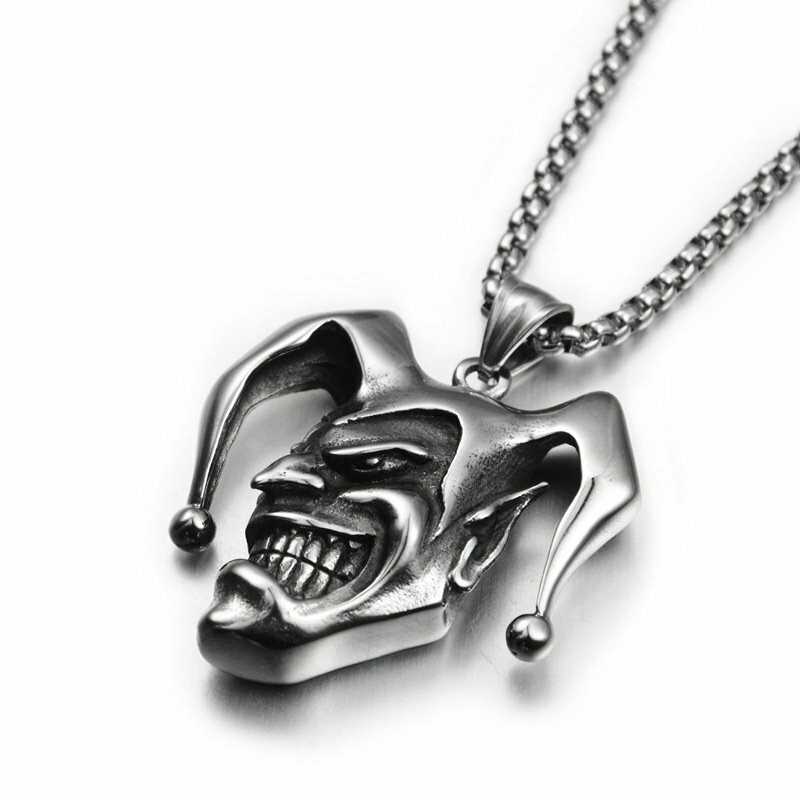 MENDEL Mens Stainless Steel Punk Boys Joker Clown Pendant Necklace Jewelry Chain