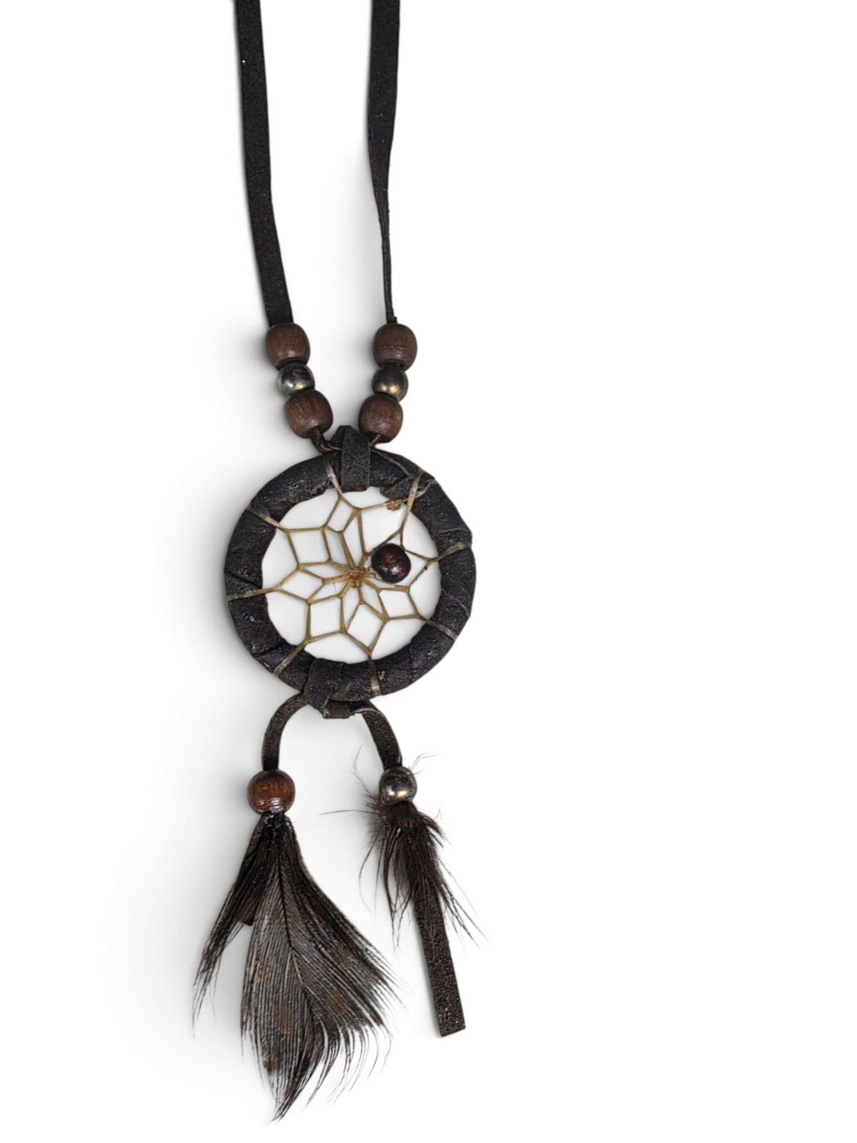 Boho Tribal Dreamcatcher Charm Necklace Genuine Leather Adjustable 30in Retro
