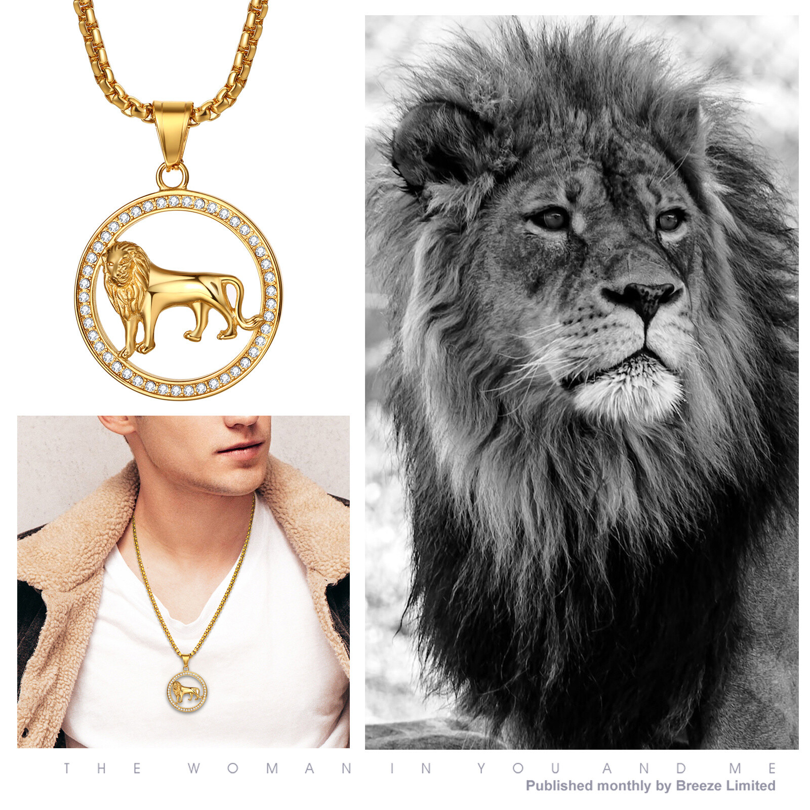 Mens Boys Hip Hop Gold Tone Lion Head Stainless Steel Pendant Necklace Chain 22″
