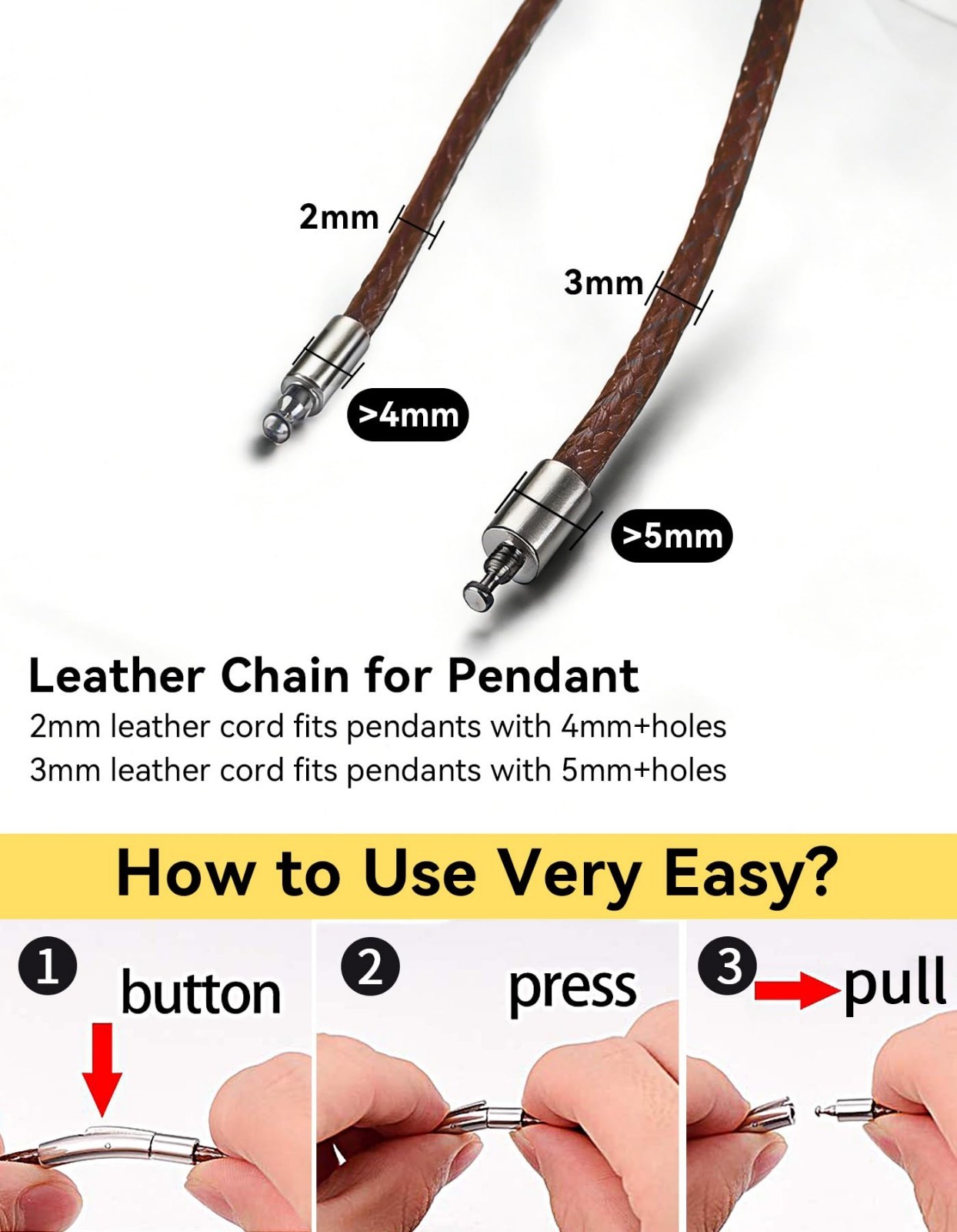 Braided Leather Necklace Cord for Pendants – Waterproof, 1.5mm/2mm/3mm, 16-30″ D