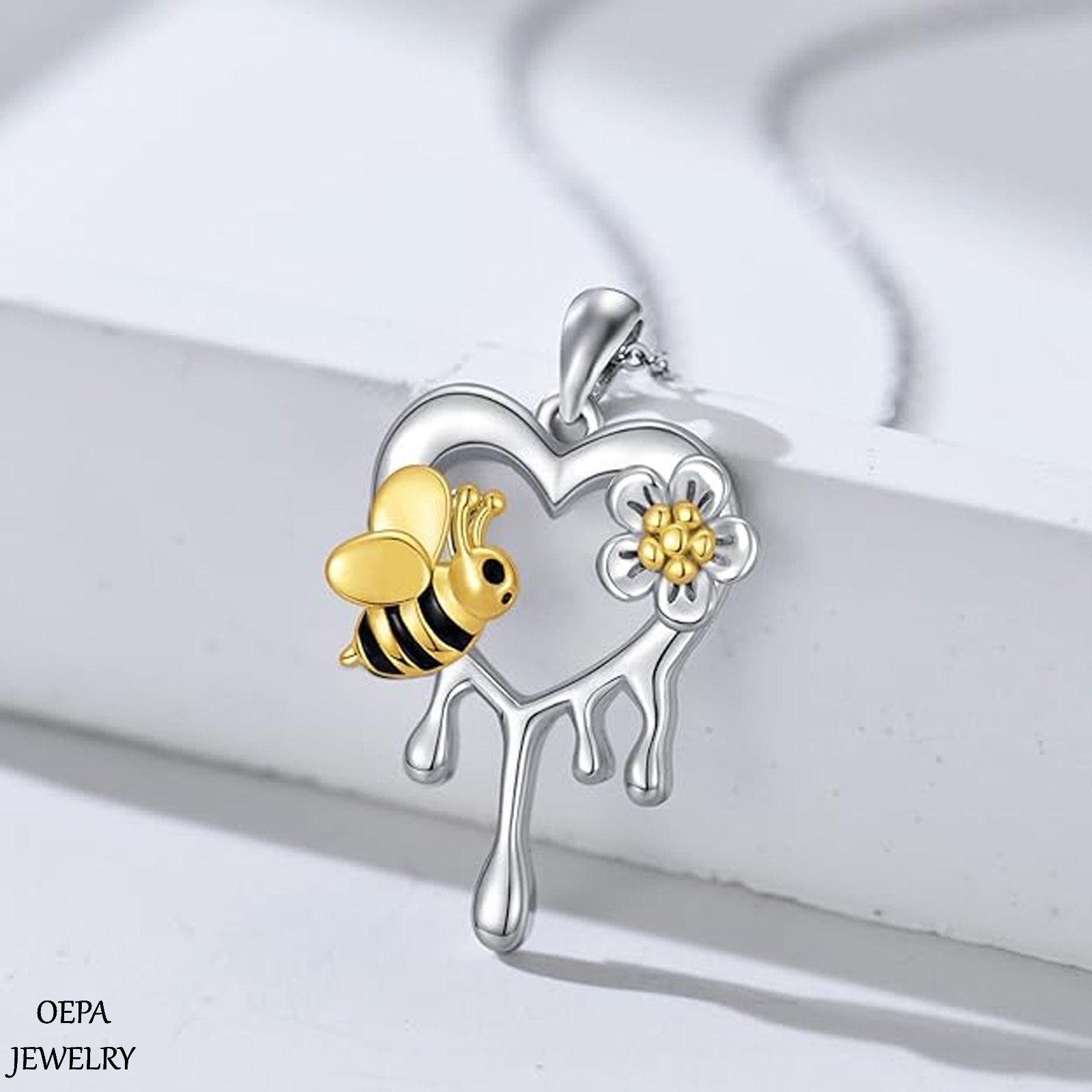 Sunflower and Bee Heart Necklace 925 Sterling Silver Bee Necklace for Women