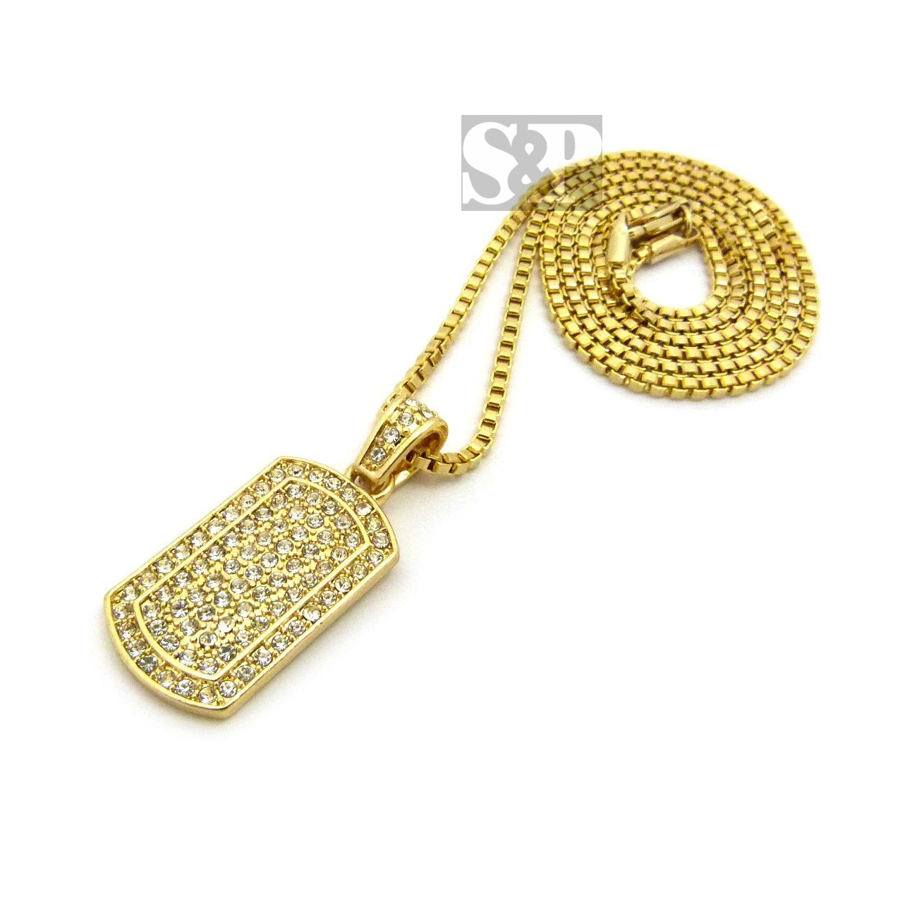 Hip Hop Iced Mini Army Gold Plated CZ Dog Tag Pendant 24″ Box Chain Necklace