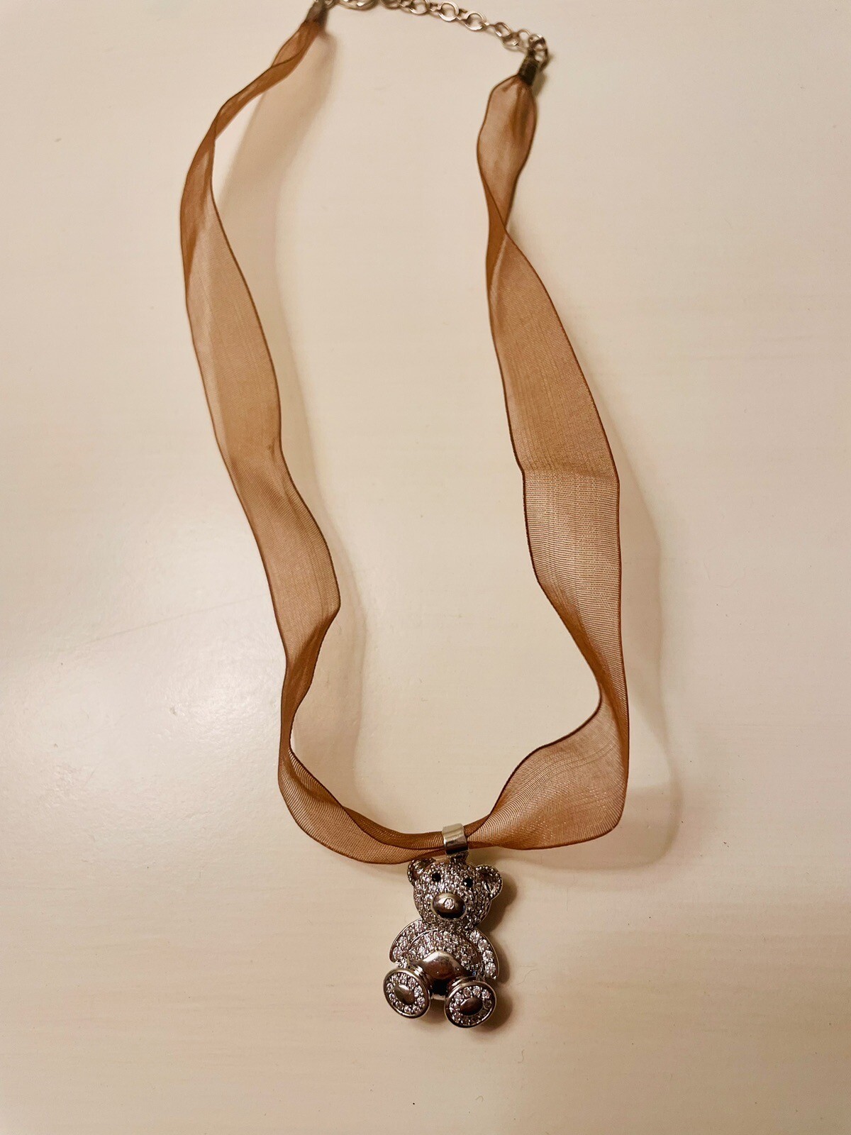 Teddy Bear Necklace CZ Bear on Brown Silk Ribbon Sterling Silver Clasp New
