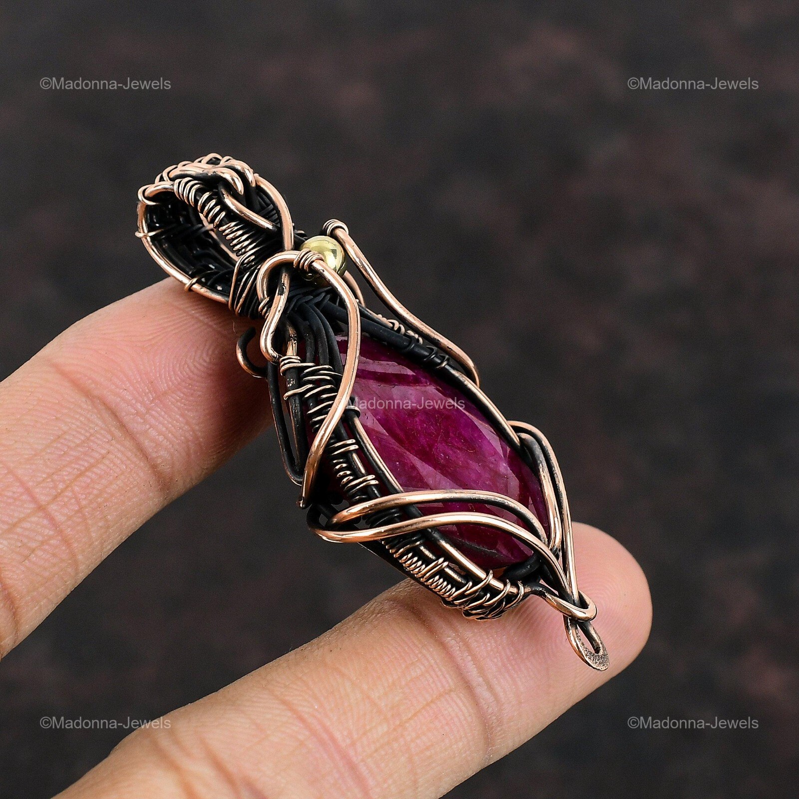 Mothers day Deal Oval Natural Kashmir Rubi Copper Wire Wrapped Pendant Jewelry