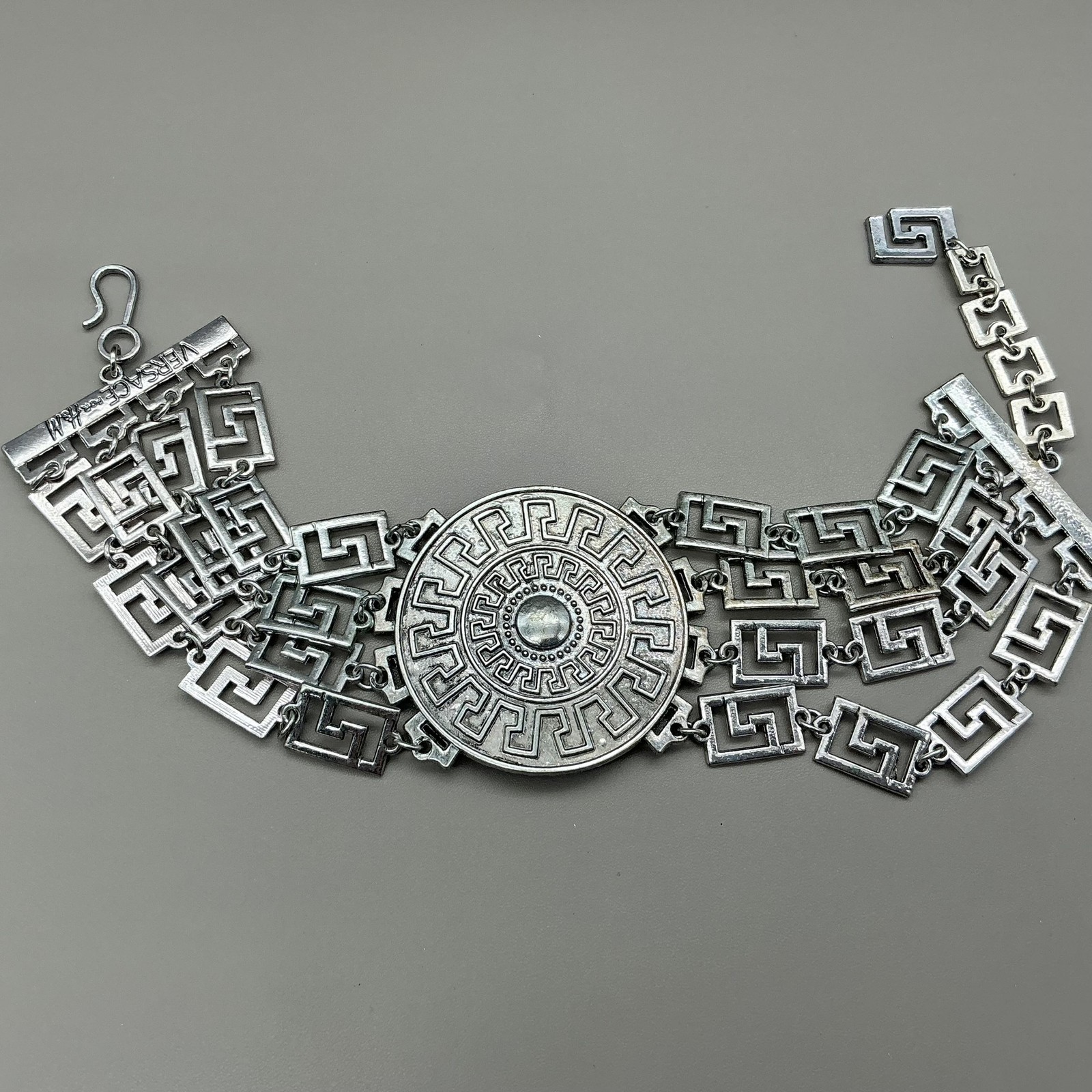Versace For H&M Necklace Silver Greek Key Medallion Collar Statement Jewelry