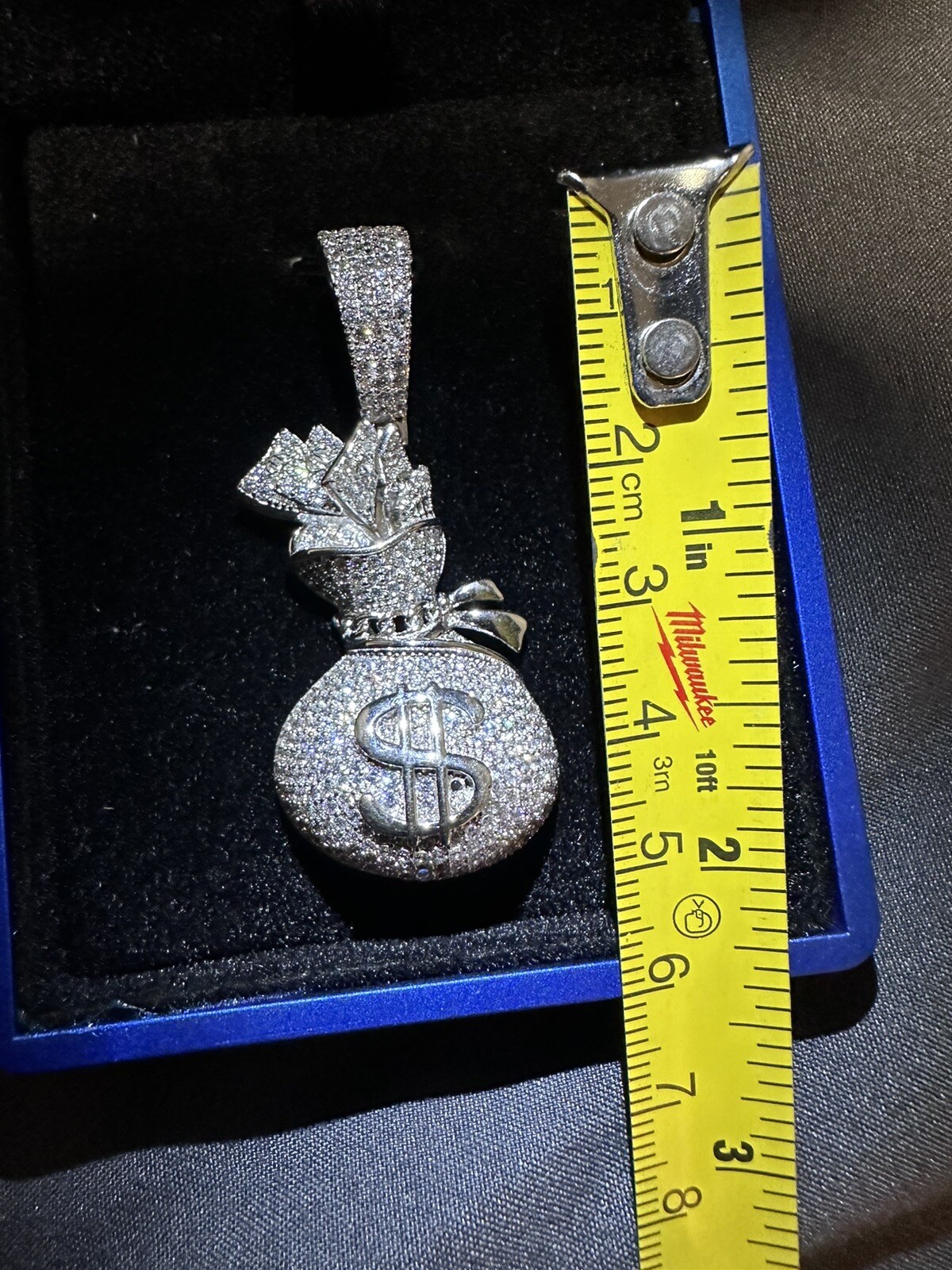 Real 925 Silver Money Bag CZ Piece Super Icy Pendant W Led Display Box