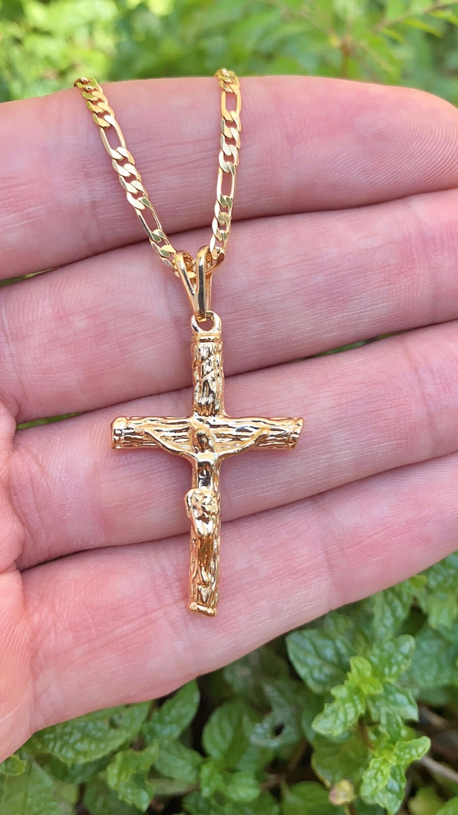 14K Gold Filled Cross Necklace CZ Figaro Chain Mens Womens Crucifix Cadena Cruz