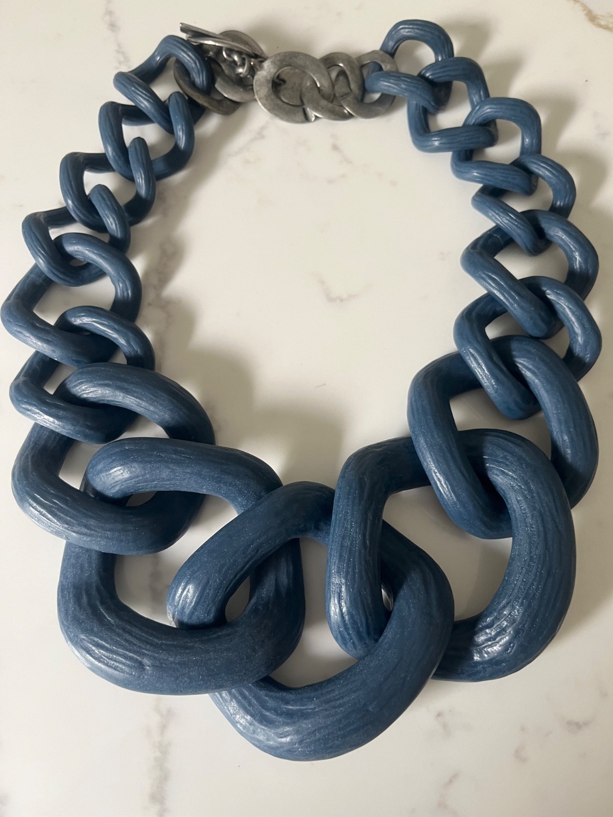 Chunky Blue Resin Large Chain Link Matte Oversized Statement Necklace Boho Retro