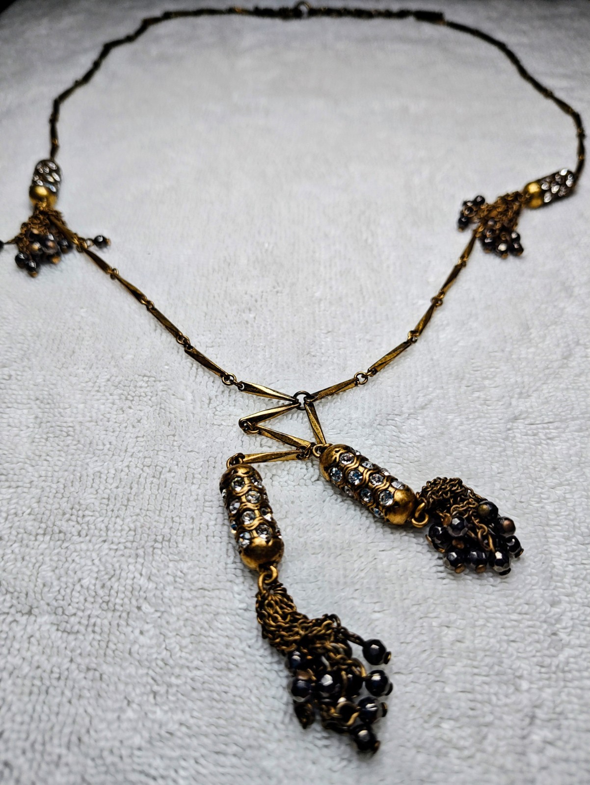 J Crew Brass Crystal Lariat Necklace Black Beads Round Rhinestone Tassel Pendant