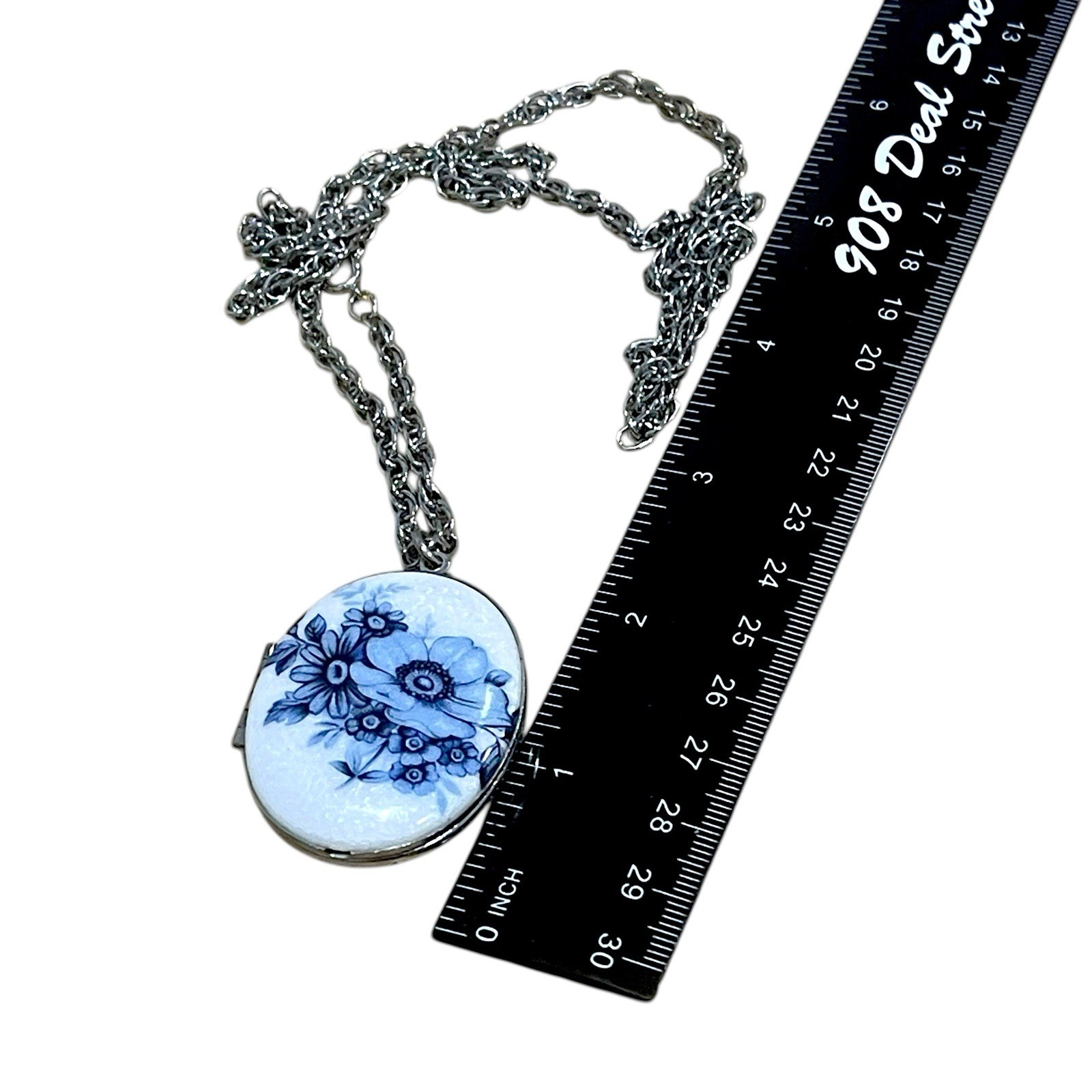 Porcelain Photo Locket Necklace Anemone Wildflowers Vtg 24” Chain Silver Tone