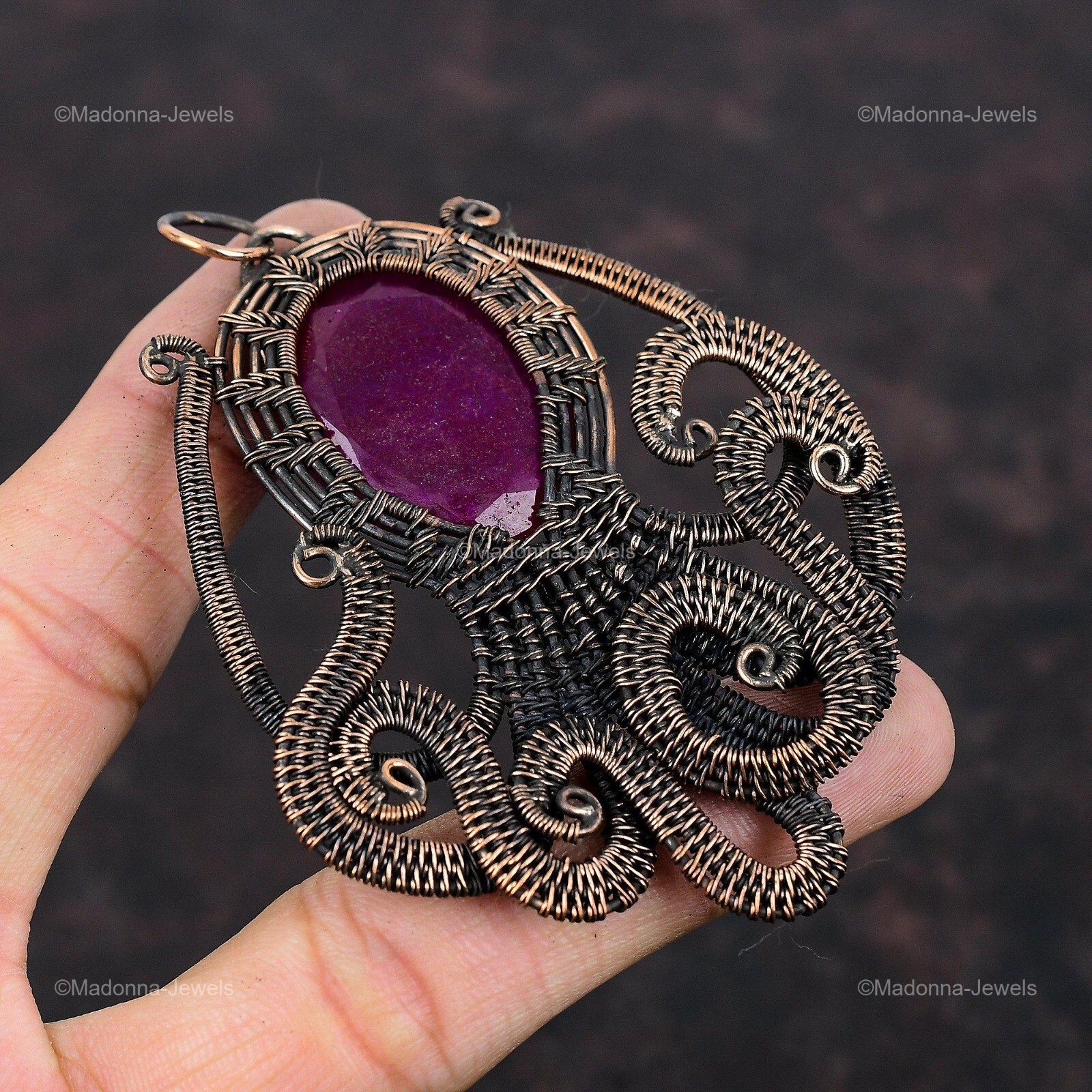 Kashmir Rubi Jewelry Copper Gift For Mother Wire Wrapped Octopus Pendant 3.46