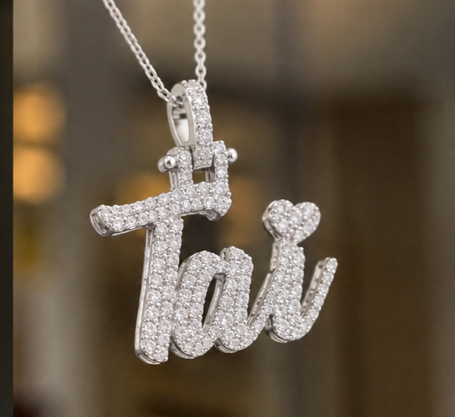 1.20Ct Round Cut Simulated Diamond Custom Initial Pendant 14K White Gold Plated