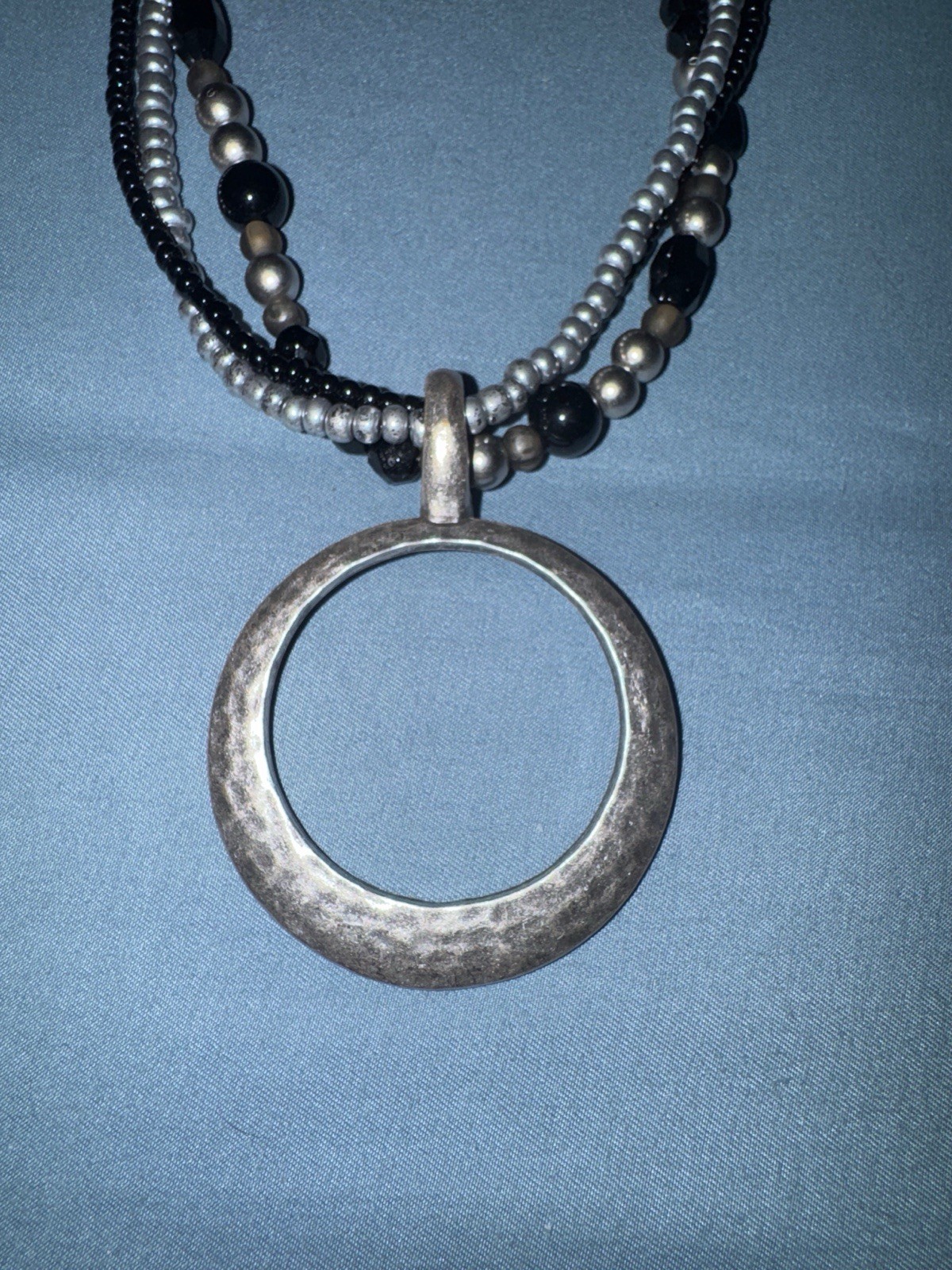 Premier Designs Statement Necklace Multi Strand Silver Black Beads Hammered Circ