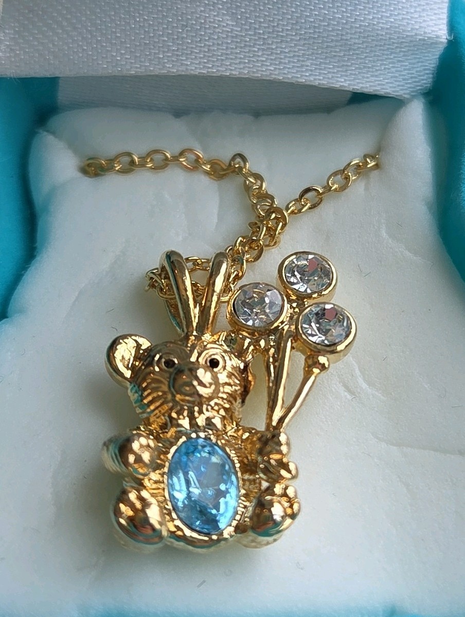 March Aquamarine Birthday Rhinestone Birthstone Teddy Bear Gold Tone Necklace