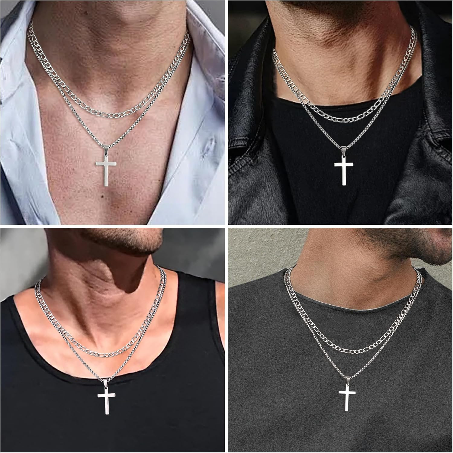 2 Pcs Cross Necklace Chain for Men, Stainless Steel Pendant | Layered Cross Chai