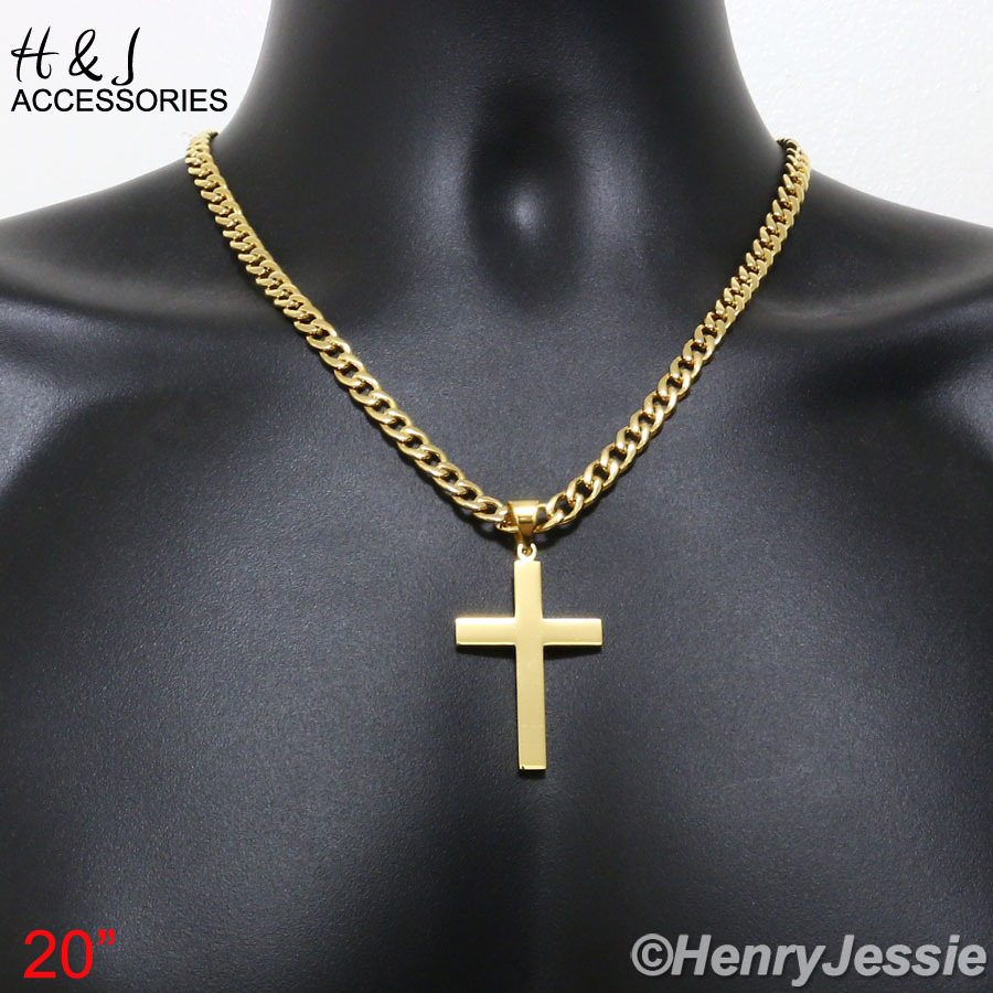 18-40″Stainless Steel 6mm Gold Plated Cuban Curb Chain Plain Cross Pendant*P64