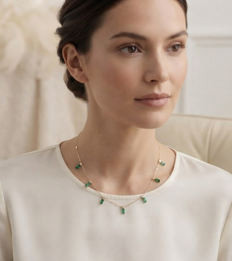 Emerald Baguette Cut Necklace For Women 925 Sterling Silver Gold Chain Jewelry