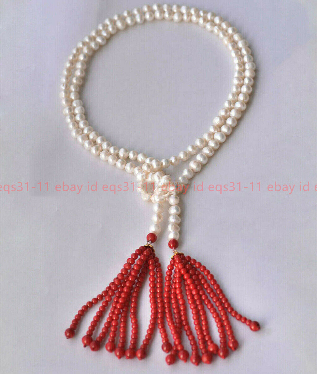 7-8mm Natural White Freshwater Pearl Beaded 4mm Red Coral Tassel Necklace 50″