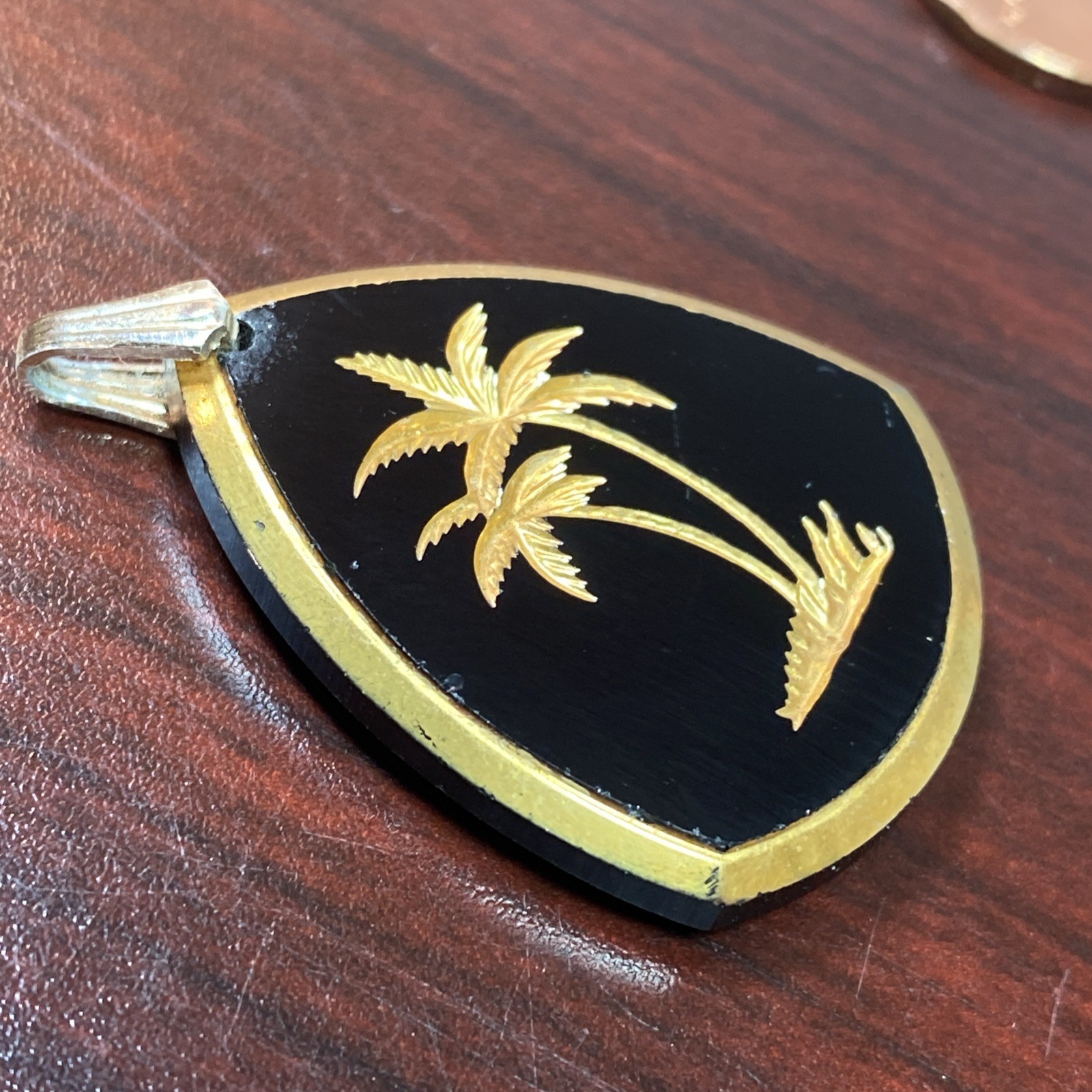 Vintage Golden Palm Trees Etched on Jet Black Glass Pendant Charm Germany 1.25”