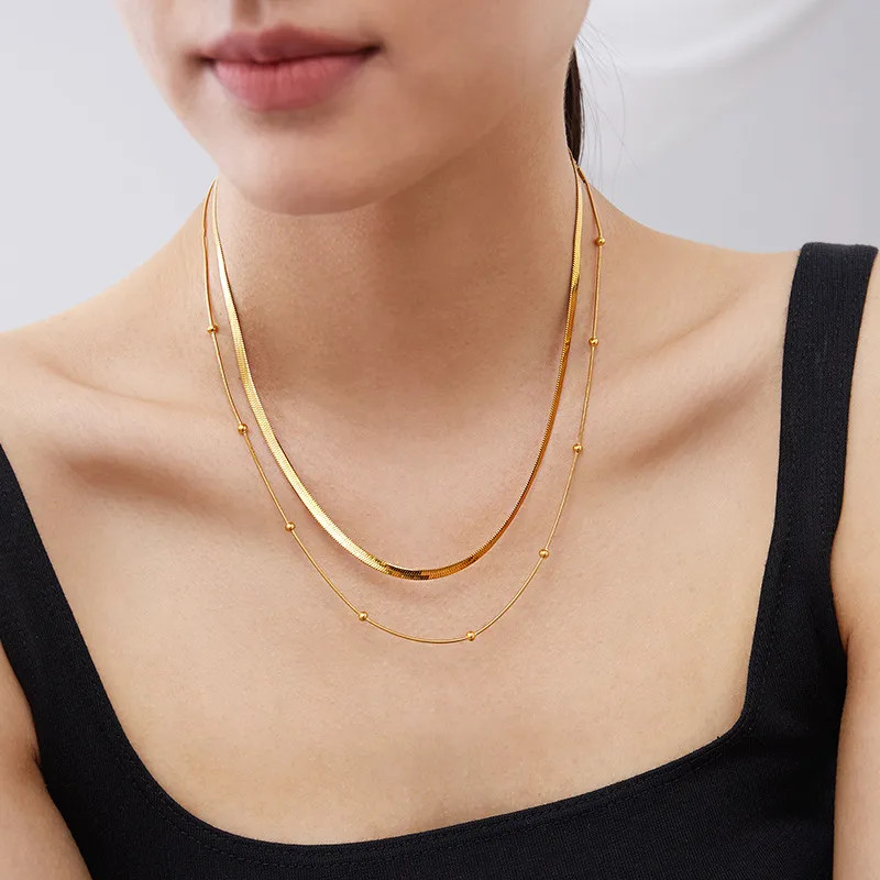 Double Layer Herringbone Necklace Women Gold Silver Stainless Steel Chain