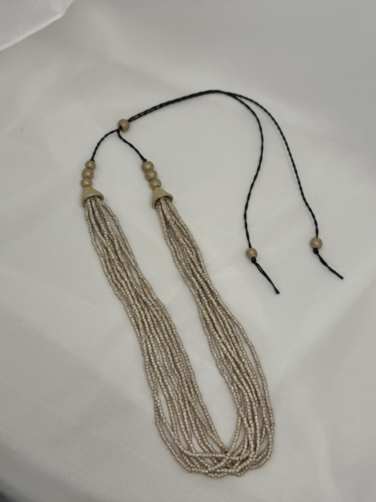 Silver & Black Multi-Strand Beaded Bohemian Necklace, Adjustable Cord 18 in
