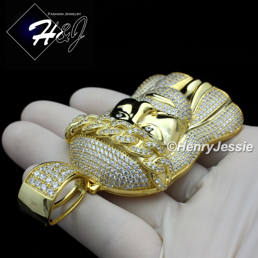 MEN 925 STERLING SILVER ICY BLING CZ OVERSIZE GOLD PLATED 3D JESUS PENDANT*GP242