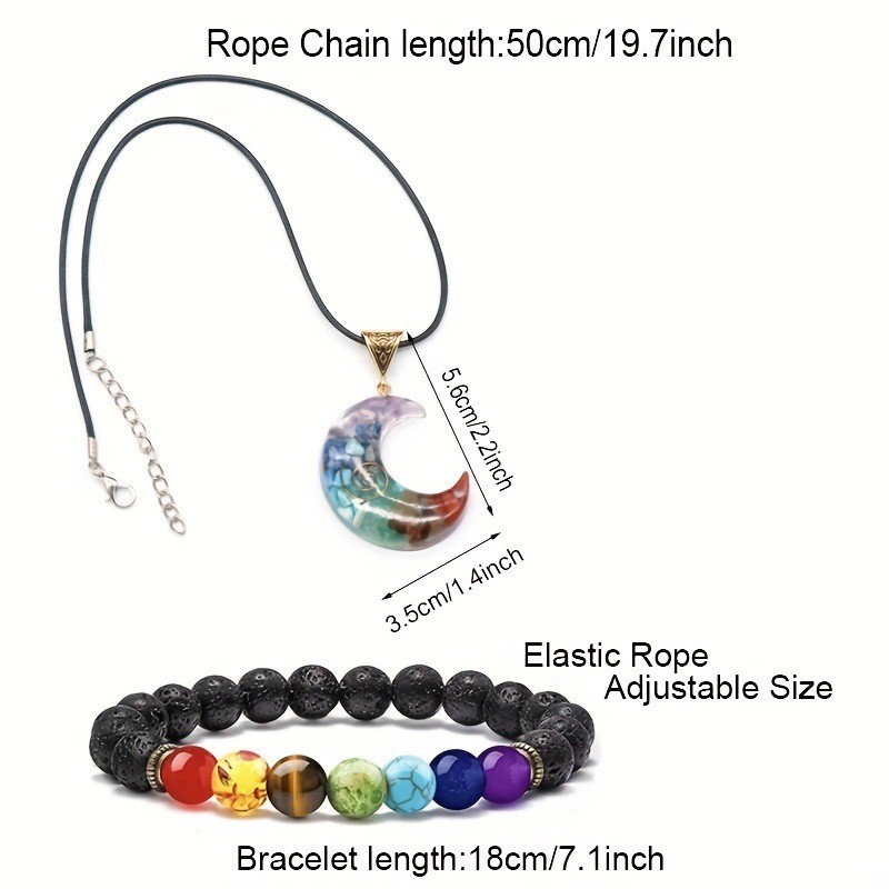 2Pcs Natural 7Chakra Gemstone Ball Bracelet& Moon Necklace Pendant C387
