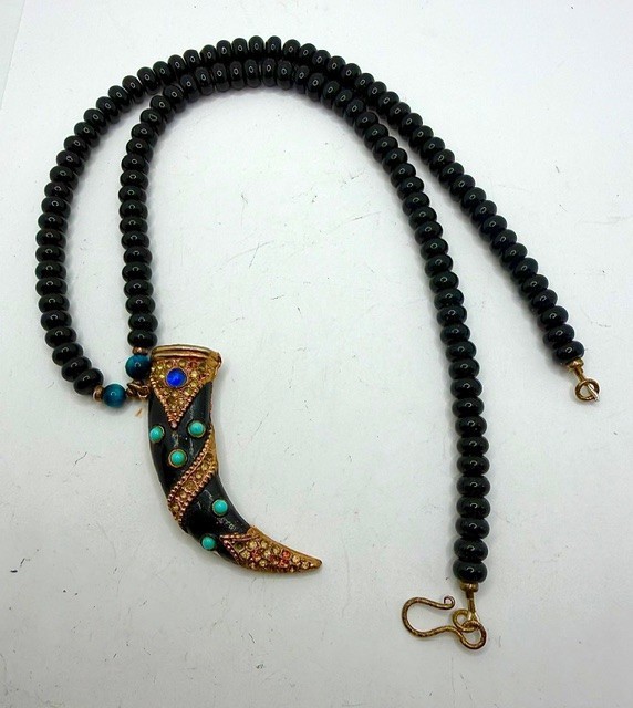 Black Gold Tone NecklaceHorn Pendant Blue Accents Black Beaded Unisex Adult