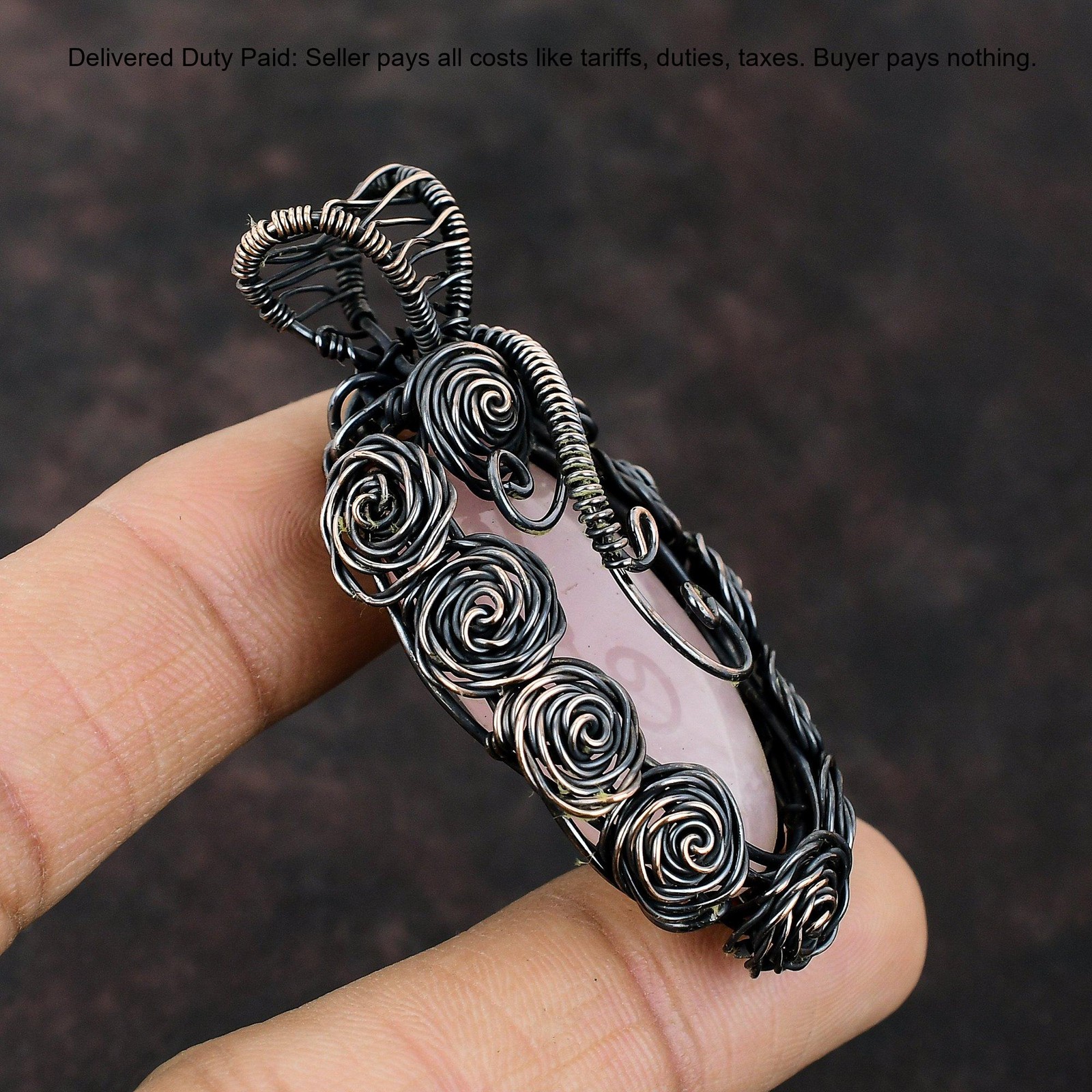 Copper Oval Rose Quartz Stone Anniversary Flower Sister Birthday Pendant Jewelry