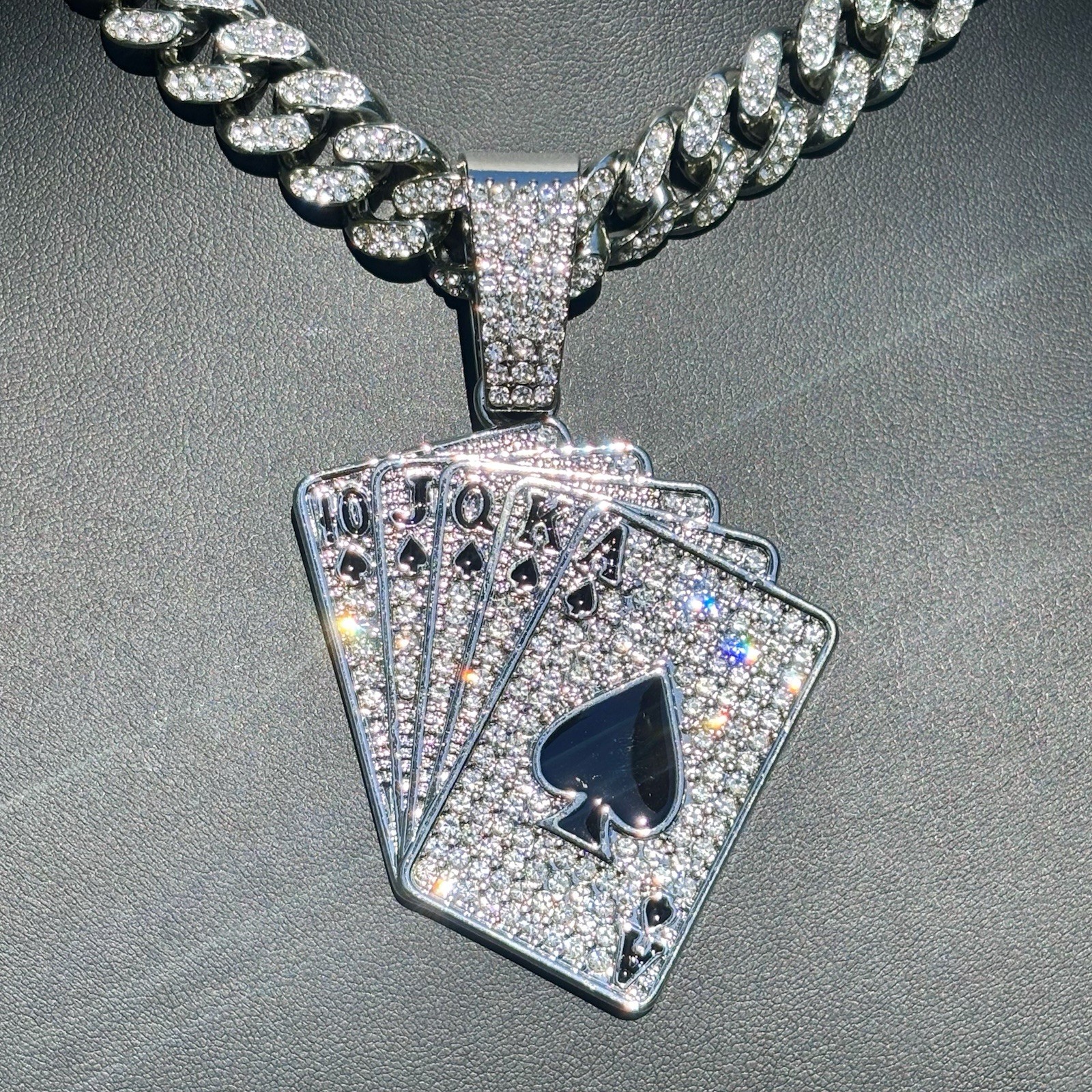 Royal Flush Pendant / Iced out Cuban Link Chain Necklace White Gold Plated