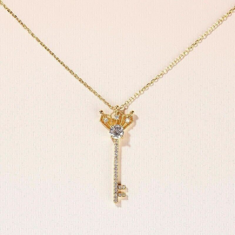 1.20Ct Round Cut Simulated Diamond Key Charm Pendant In 14k Yellow Gold Plated