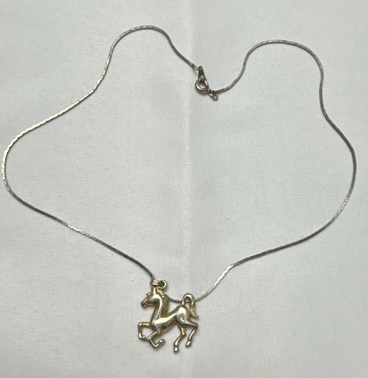 Two-Tone Horse Charm Pendant Necklace Silver/Gold Tone Snake Chain Spring Ring