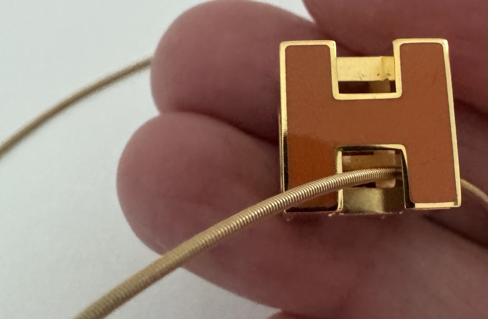 Estate Hermes Gold Tone Orange Enamel H Cube Necklace With Box