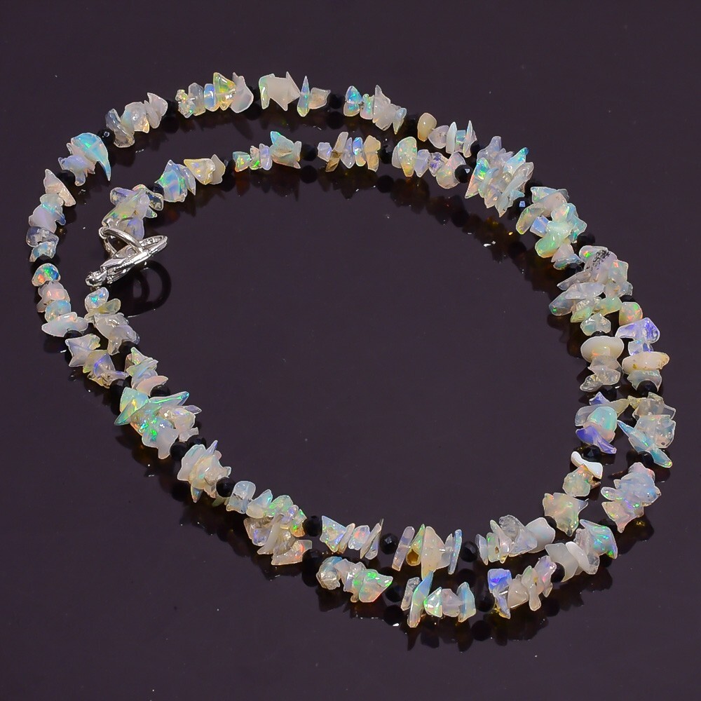 28.45 Ct. Natural Ethiopian Opal Black Spinel Smooth Beads Necklace 16″ A-2117