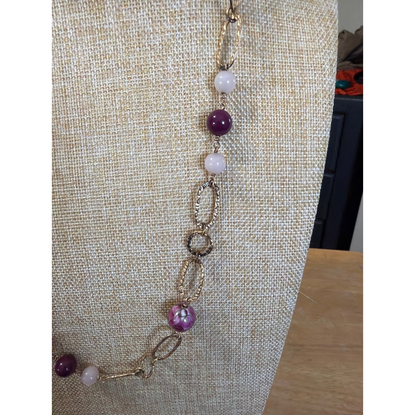 Gold Tone Purple and Pink Beaded Long Oval Link Station Necklace Boho Layering
