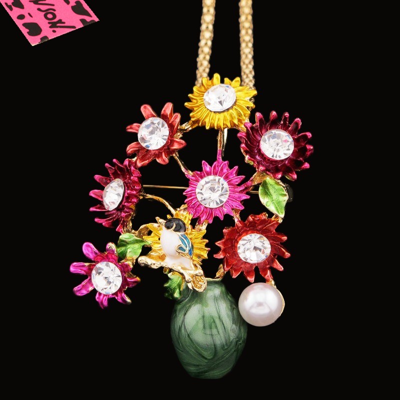 Fashion Multicolour Enamel Cute Flower Vase Crystal Pendant Women Necklace Gift