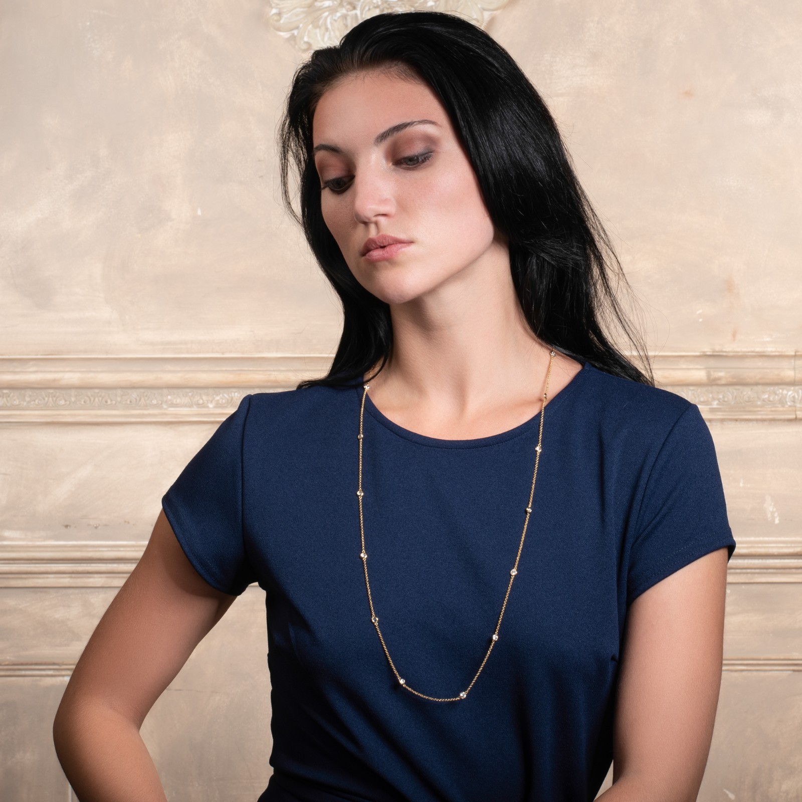 Long Gold Chain Necklace with Stones
