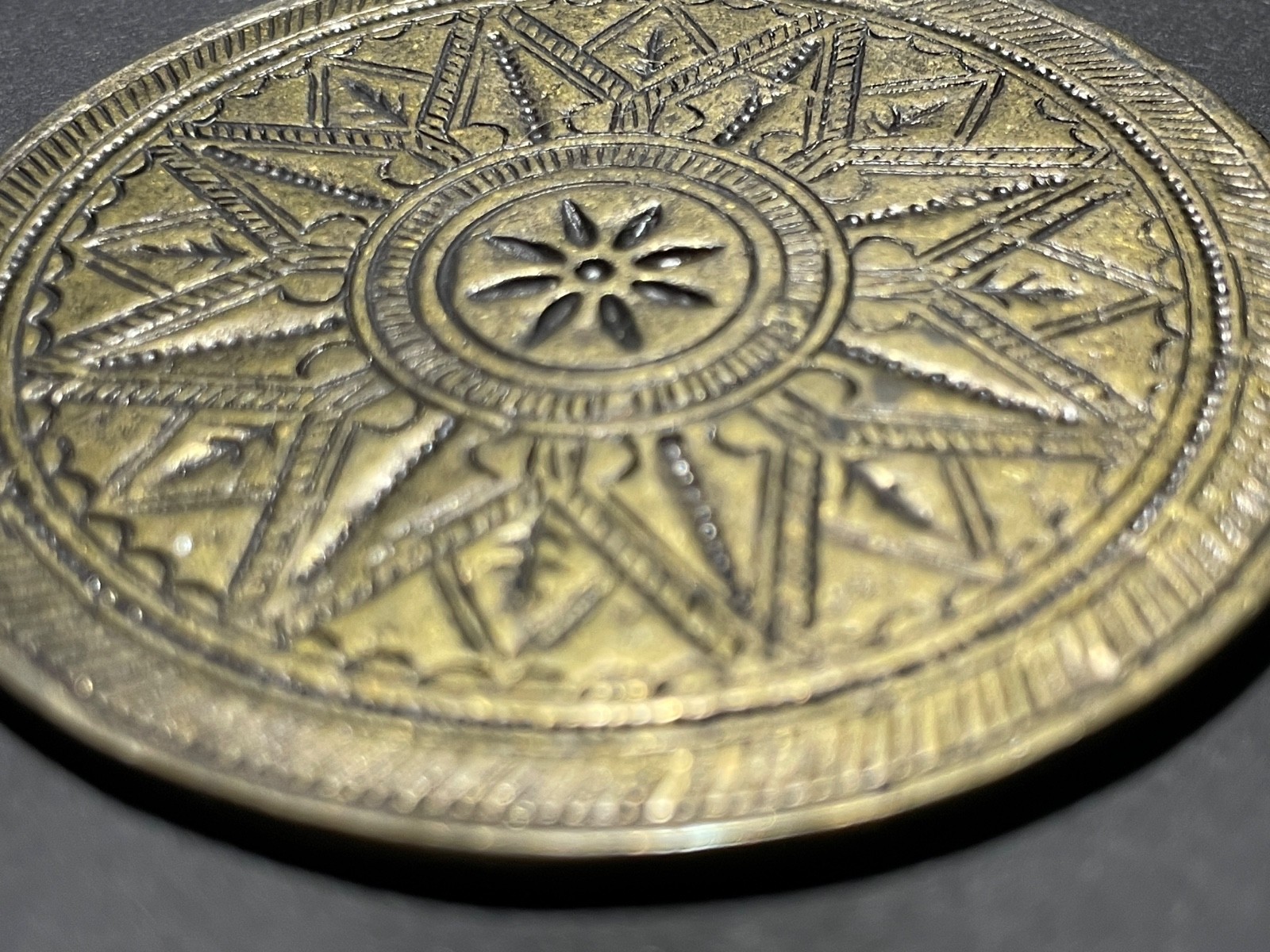 Large Double Sided Compass Rose Pendant Antiqued Brass Tone Boho Medallion 2″