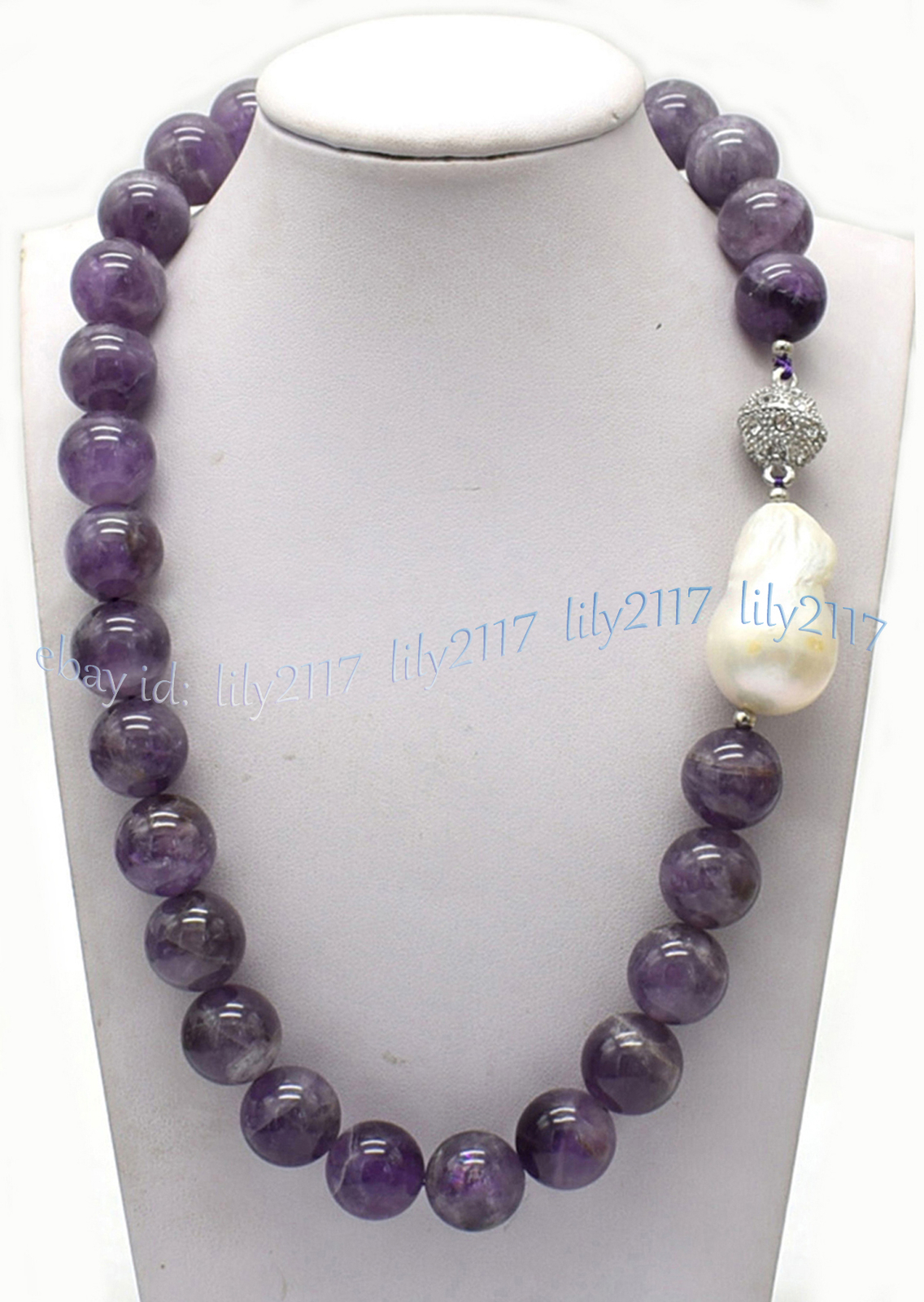 Real Natural Amethyst Round Gemstone White Keshi Baroque Pearl Necklace 6-14mm