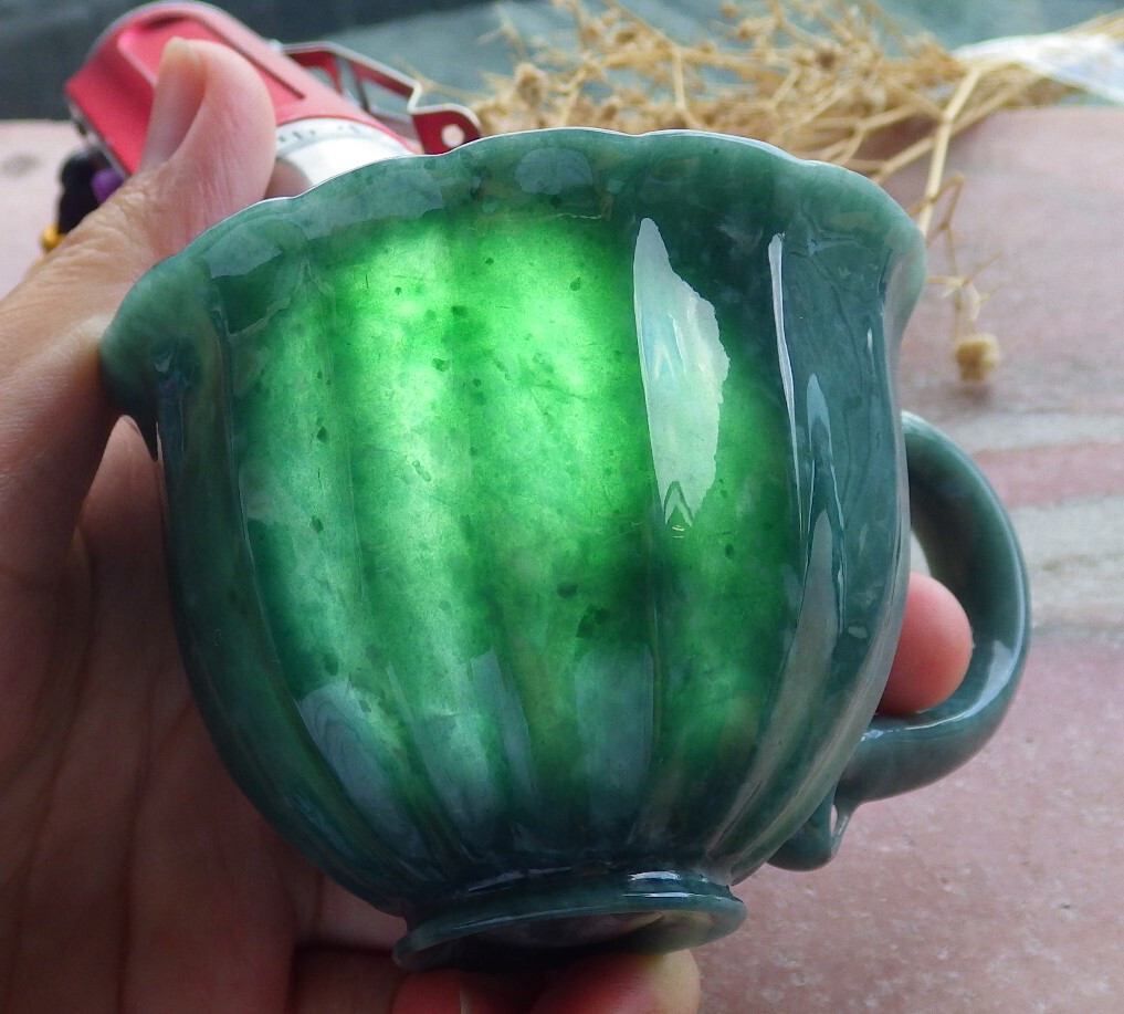 Video Certified Green A Jade jadeite Display Flower Cup Jewelly Box 670335 AS