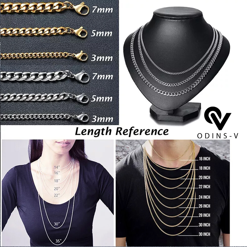 Mens Womens Chain Silver Gold Black Cuban Link Necklace 3mm 5mm 7mm 9mm 11mm 15m