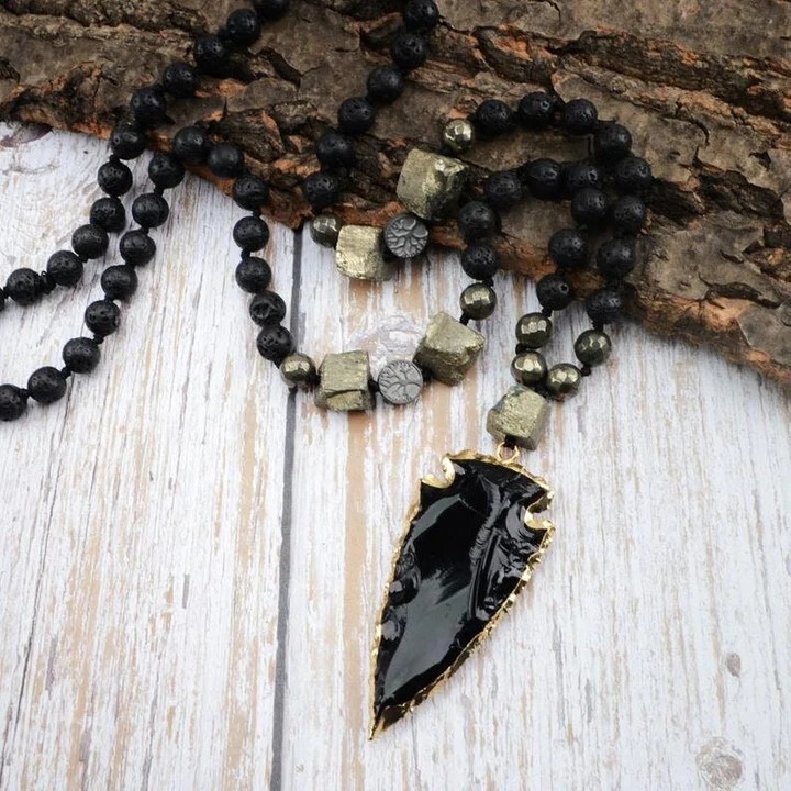 Lava Obsidian Mala Bead Healing Meditation Men Women Knotted Pendant Necklace