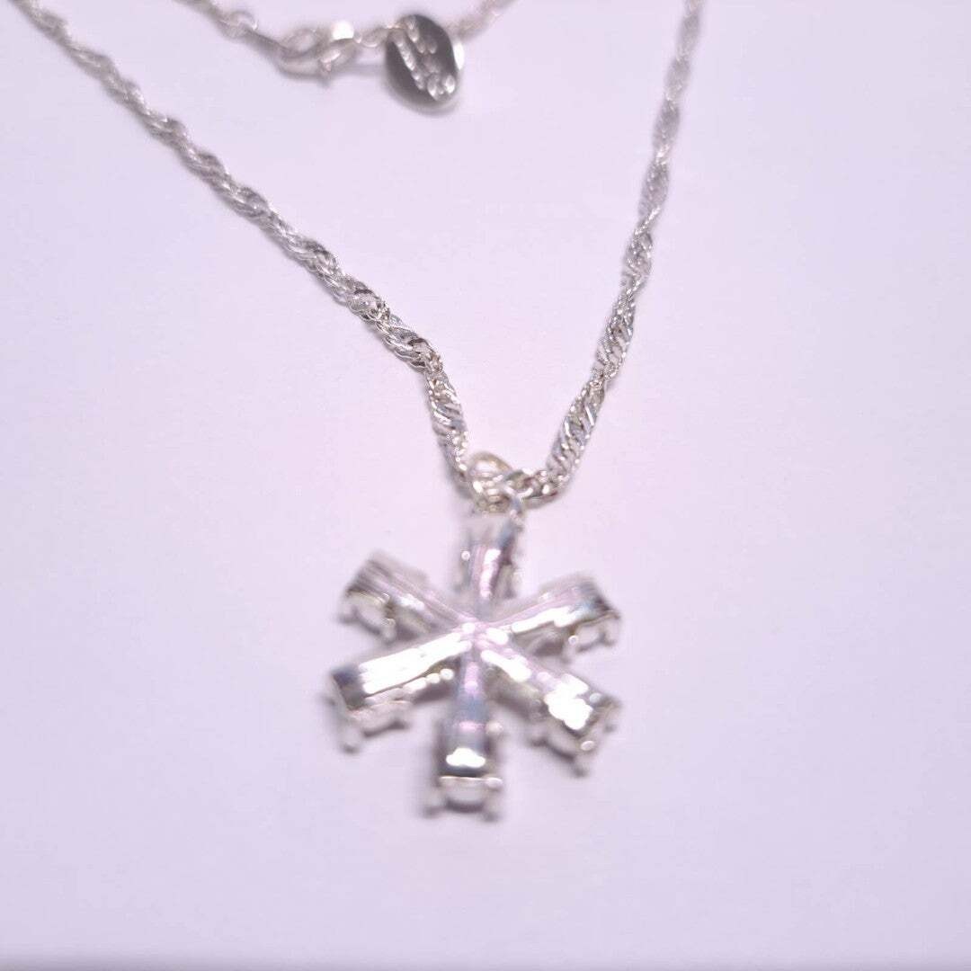 Snowflake Necklace Rhinestone Pendant Charm 15″ Water Wave Chain Silver Plated ?