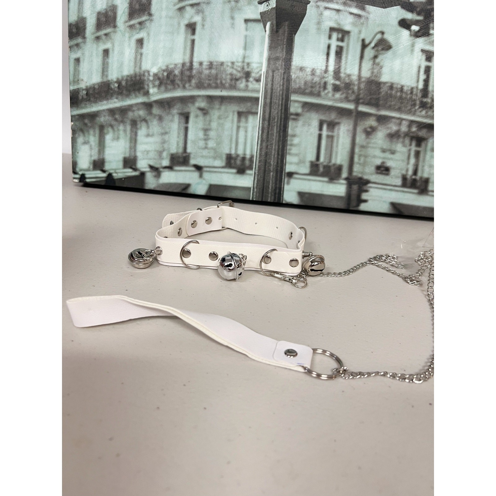 Gothic Faux Leather Choker Set with Detachable Chain Leash and Bell