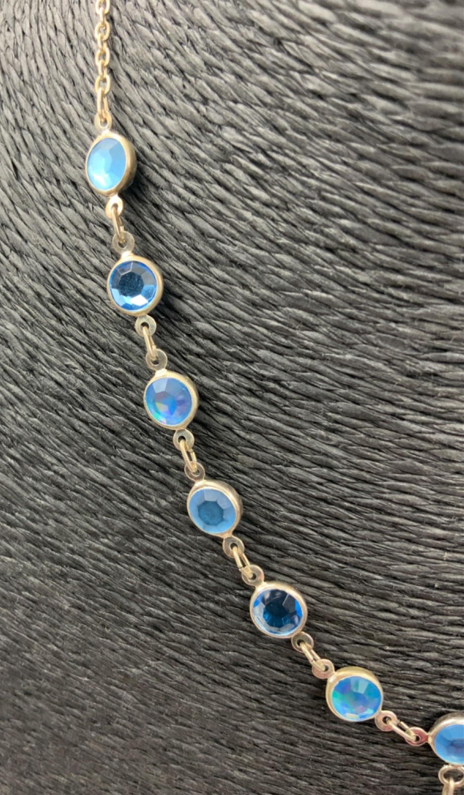 Vintage Blue Bezel Lariat Necklace Silver Tone Metal Glass 18cms