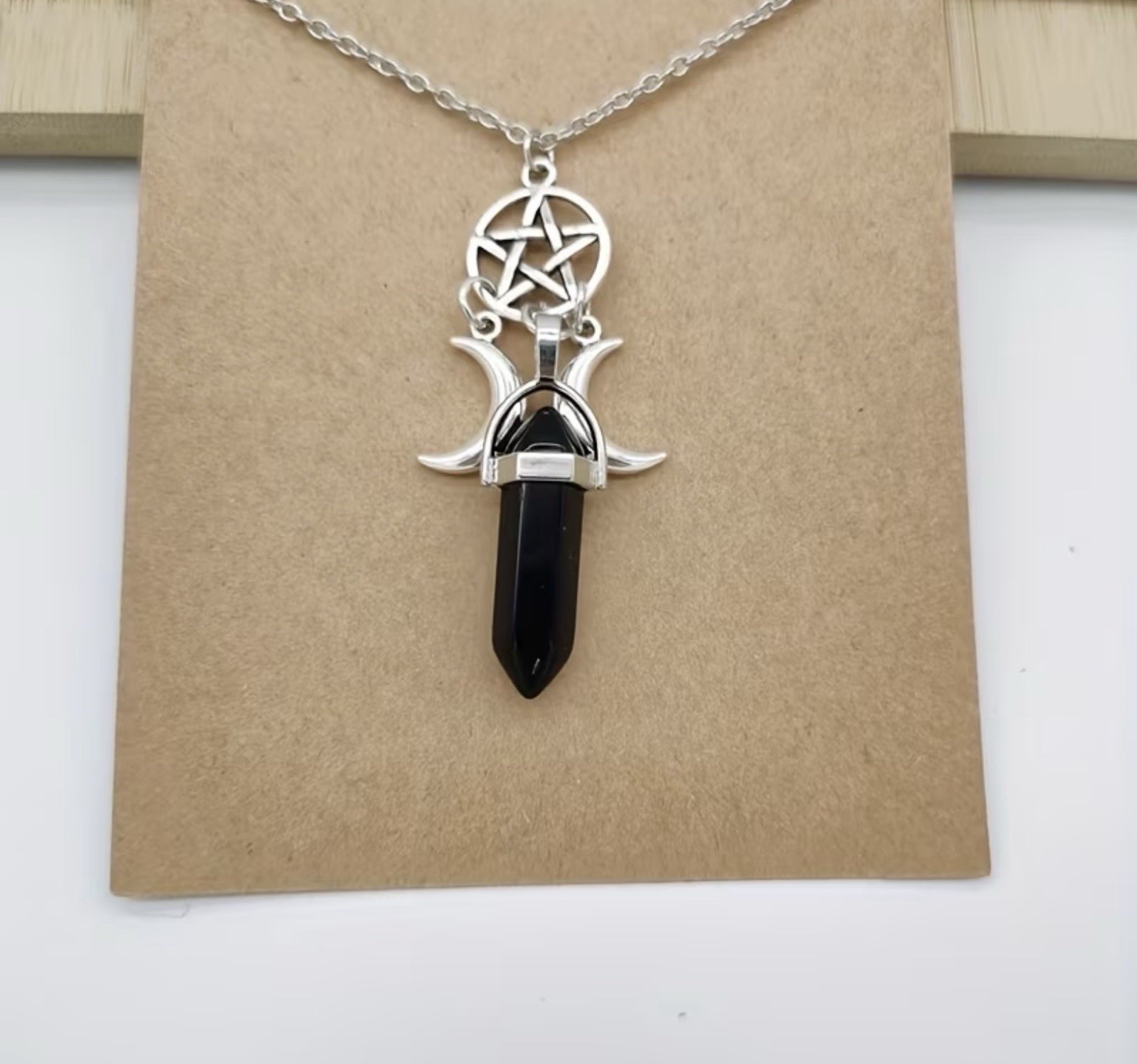 Authentic Onyx Crystal Pendant Necklace, Pentacle, Triple Moon Pendant